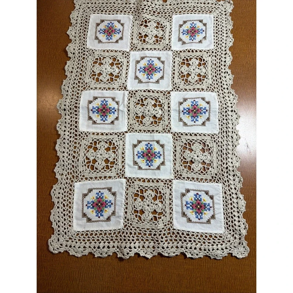 Vtg Hand Cross Stitch Embroidery Crochet Lace Patch Cotton Beige Topper 12x17
